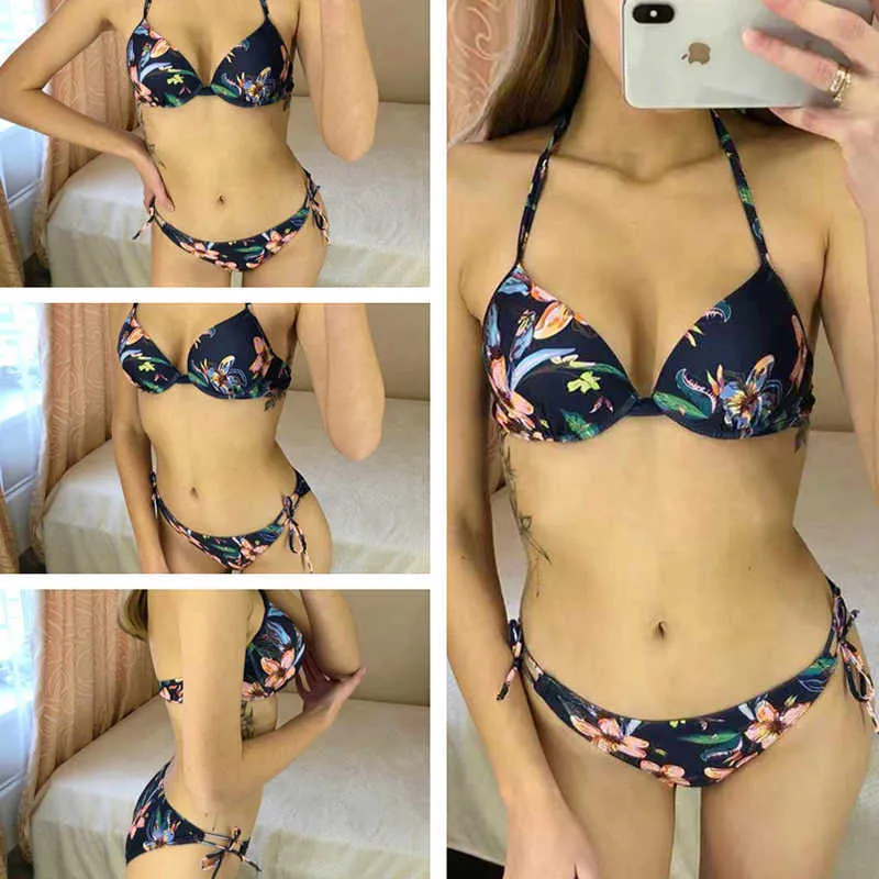 Sexy Bikini Swimwear Mulheres Push Up Bikinis Set Imprimir Flores Swimsuit Brazilian Beach Wear Dois Plece Banheira L 210621