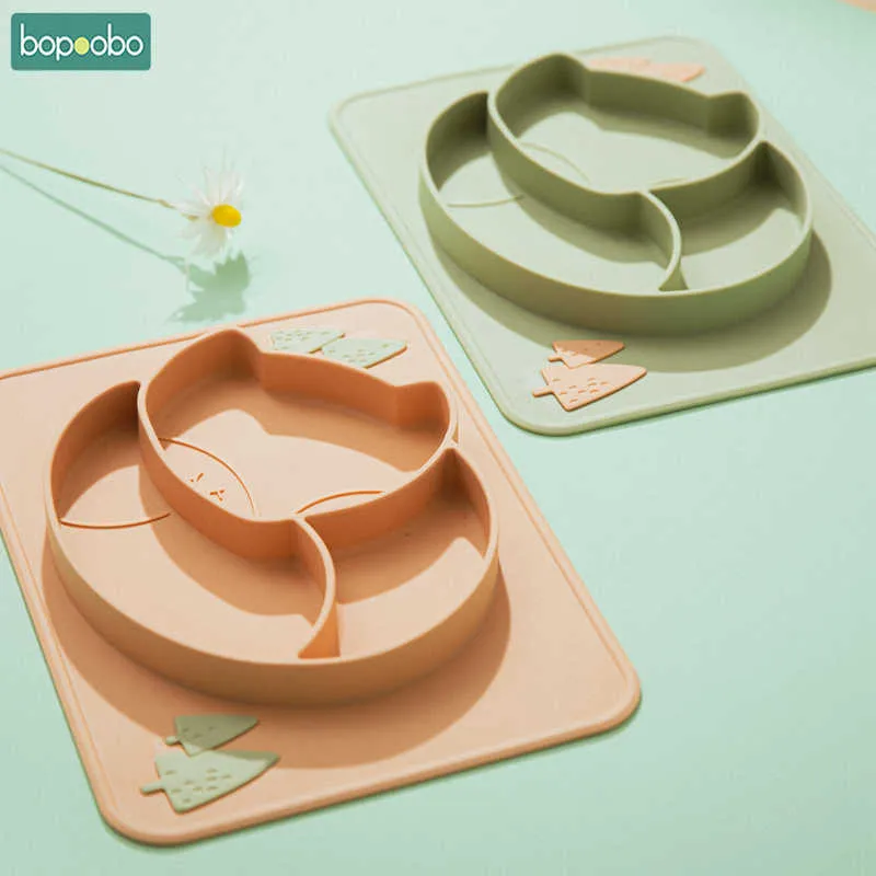 Bopoobo Baby Plate Food Grade Silicone Cartoon Pattern Non-slip Kid Tableware Candy Color Divided Feeding Gifs 211026
