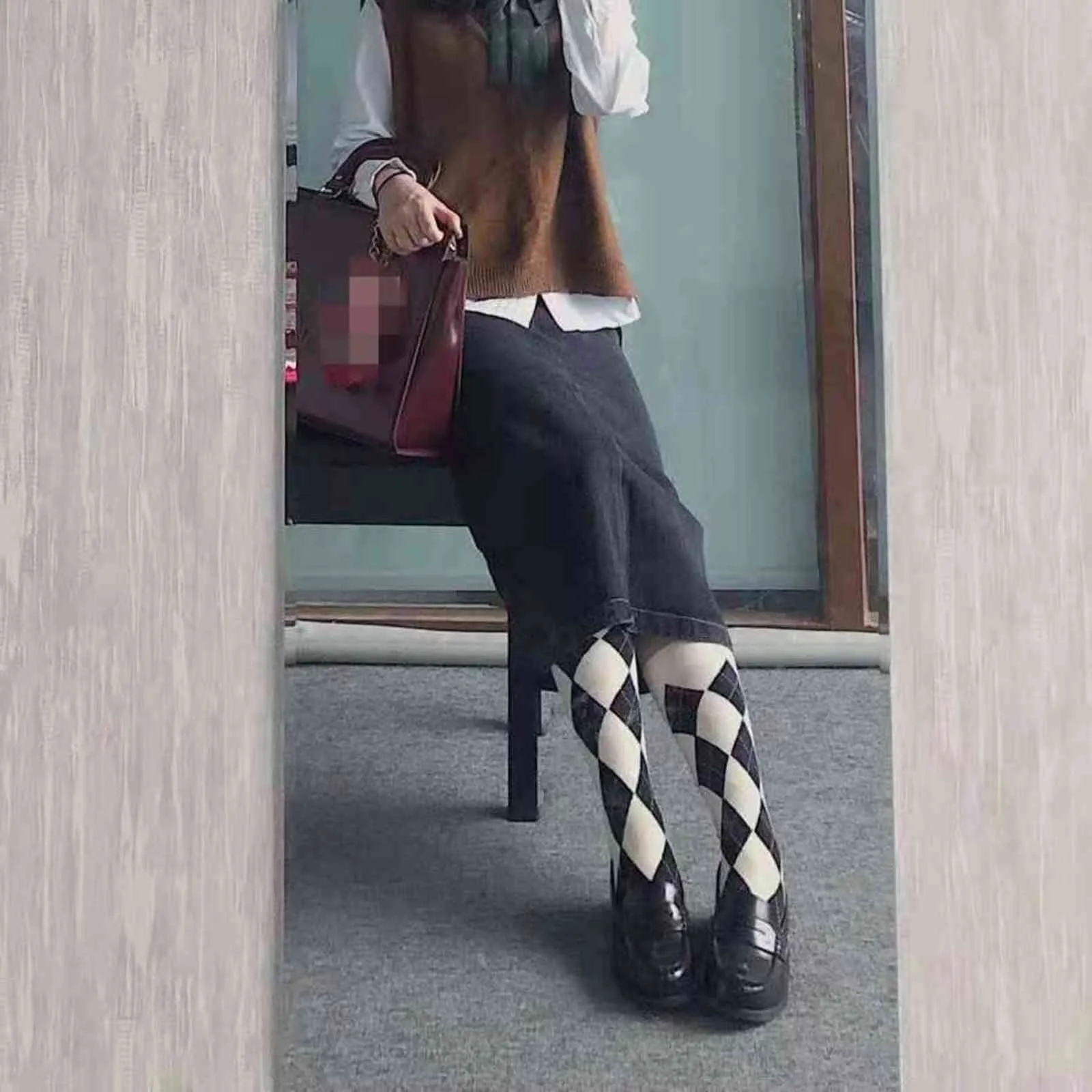 Filles garder au chaud Style japonais chaussettes hautes pour femme chaussettes motif losange automne hiver coton e collège Style Y1119