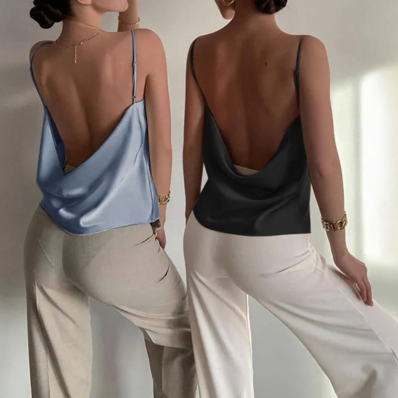 Omsj elegante vintage senhoras moda tops blusas cetim verão sexy cinta colete básico pulôver sem mangas camisoles 5 cores 210517