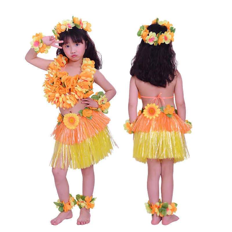 Bambini Hawaii Dress Hula Dress erba Gonne Bambini Hula Gonna Hawaiian Costumes Fascia Garland Ghirlanda Decorazione del partito hawaiano 210610