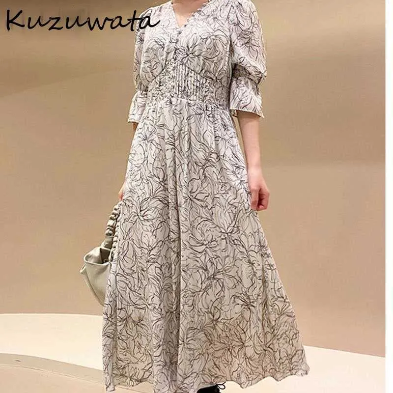 Kuzuwata V Cou À Manches Longues Slim Pull Dres Vintage Imprimer Taille Haute Hanche Une Ligne Robes Printemps Robe 210623