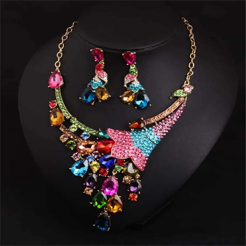 Female Jewelry Set Colorful Water Drop Crystal Leaf Gold Color Pendant Necklace Earrings Wedding Party Bridal Party Jewelry Set H1022