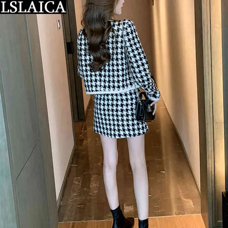 Skirt Set for Women Plaid Button Slim Party Clothes Fashion Sale Elegant Long Sleeve Two Piece Fall 210515