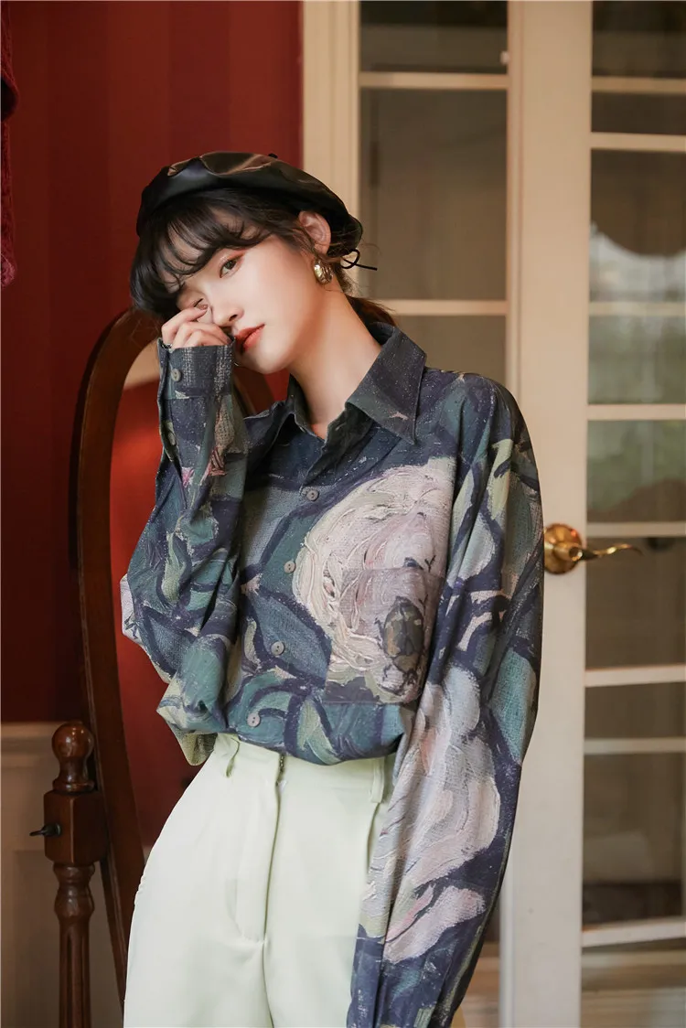 Autumn Painting Green Long Sleeve Blouse Women Button Up Loose Shirt Floral Print Fashion Vintage Top Fall Clothes 210427