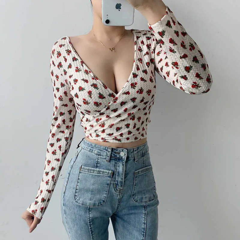 Spring and summer floral long sleeve T-shirt women's cross tie deep V top sexy charming feminine clothes 210604