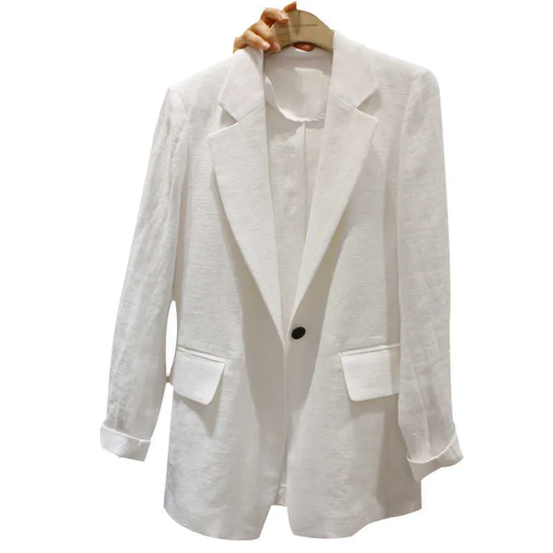Femmes blanc lin Blazers manteau veste costume ample longue été femme solide un bouton couverts poches bureau dames 211019