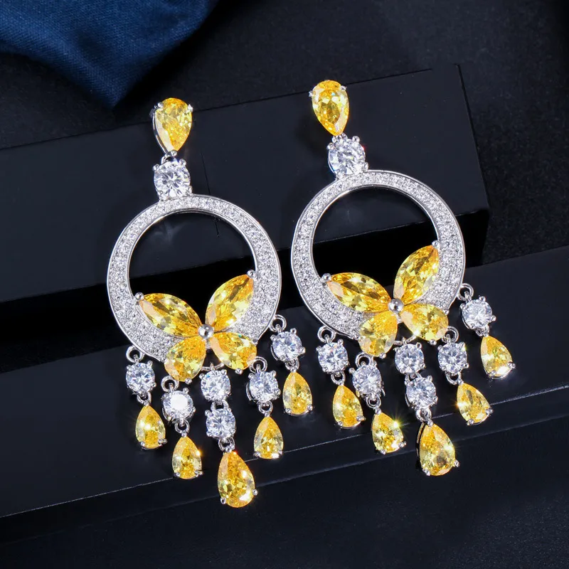 European and American Fashion Crystal Tassel Earrings For Lady Brand Design Butterfly Circle Dangler Luxury Jewelry With CZ