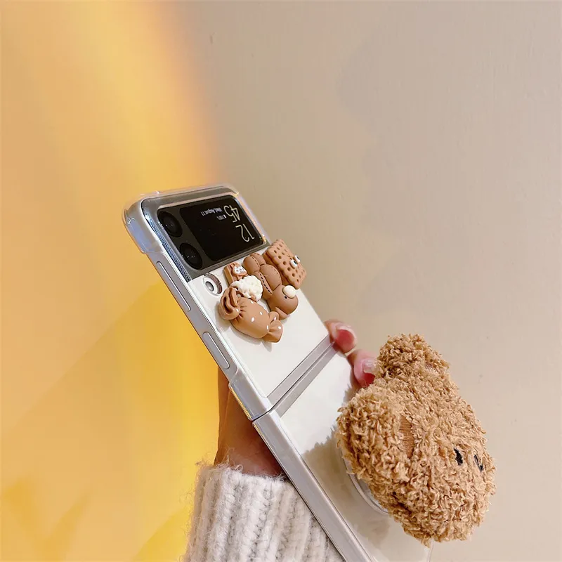 3D Cute Fluffy Bear Phone Holder Case For Samsung Galaxy Z Flip 3 ZFlip3 Folding Shell Kickstand Transparent Hard PC Cover Stand7881360