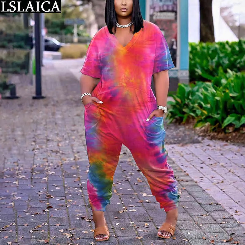 Letnie Odzież damska Kombinezon Kobiet Krótki Rękaw V Neck Tie Dye Drukuj Plus Rozmiar Romper S-5XL Casual 210520