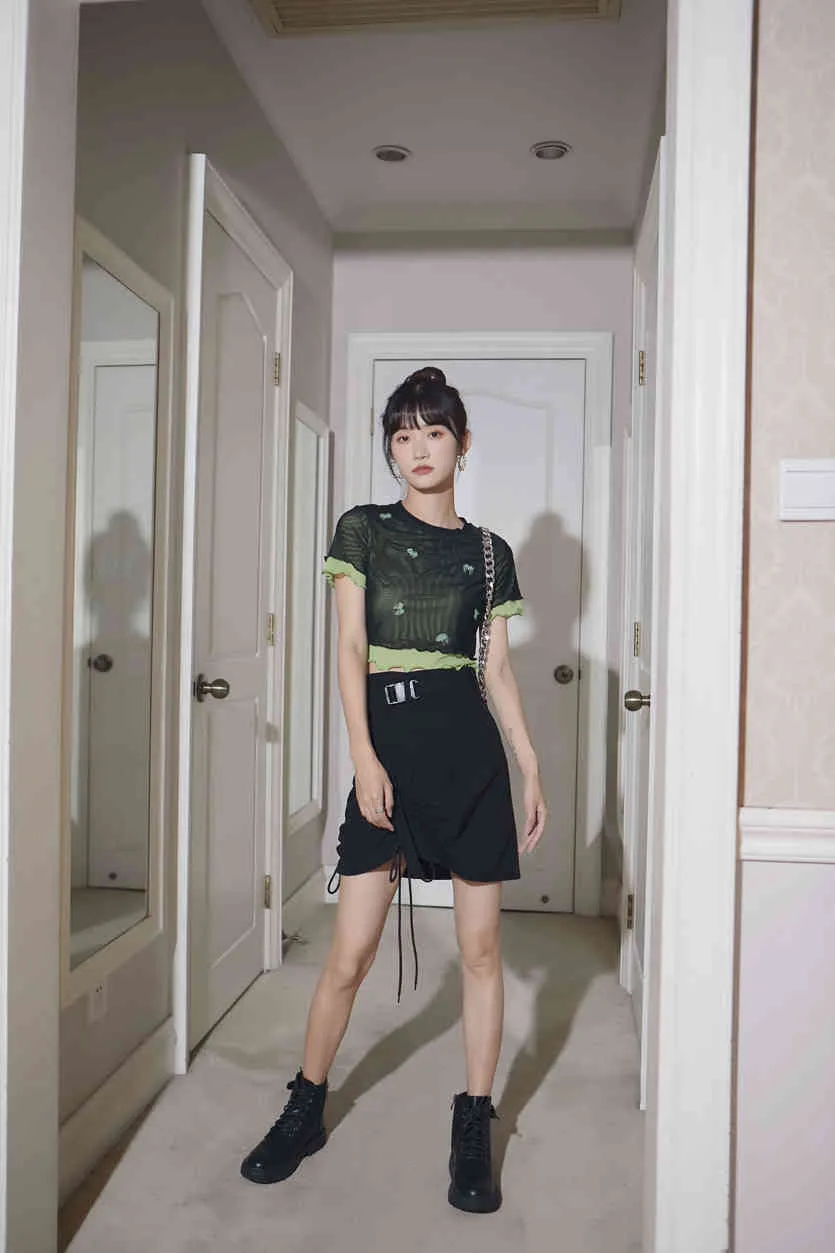 Falda negra con cordón de verano para mujer, minifalda de cintura alta de línea A, ropa de moda coreana 210427