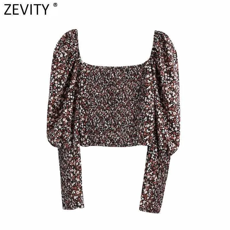 ZEVITY Kadınlar Vintage Pleats Puf Kollu Çiçek Baskı Kısa Bluz Kadın Elastik Gömlek Chic Chemise Blusas Tops LS7540 210603