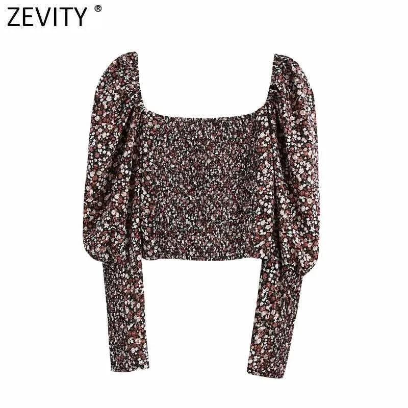 Zevity Women Vintage Pleats Puff Sleeve Flower Print Short Blouse Female Elastic Shirts Chic Chemise Blusas Tops LS7540 210603