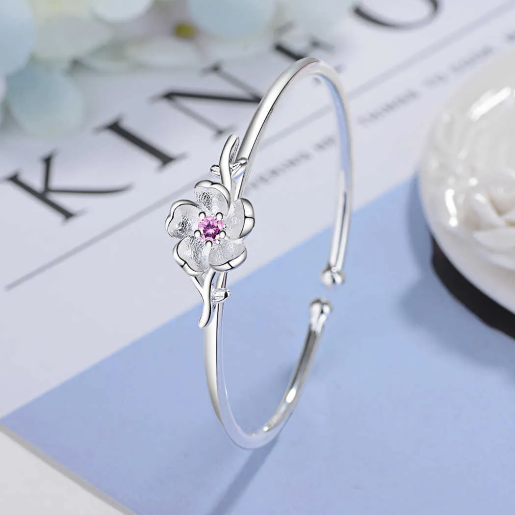 Todorova Korean Fashion Flower Bracelet Femme Pink Purple Crystal Cherry Blossom Charm Bangles for Women Q0719