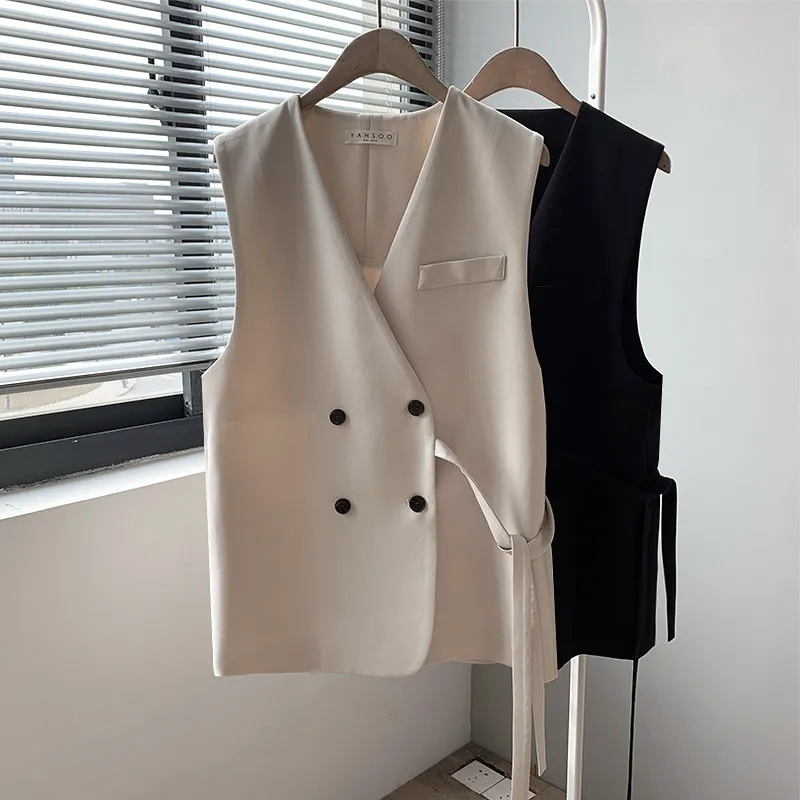 Korobov koreanska kontoret lady blazer kvinnor ärmlös v hals dubbel breasted vintage solid blazers coat nya ankomst jackor väst 210430