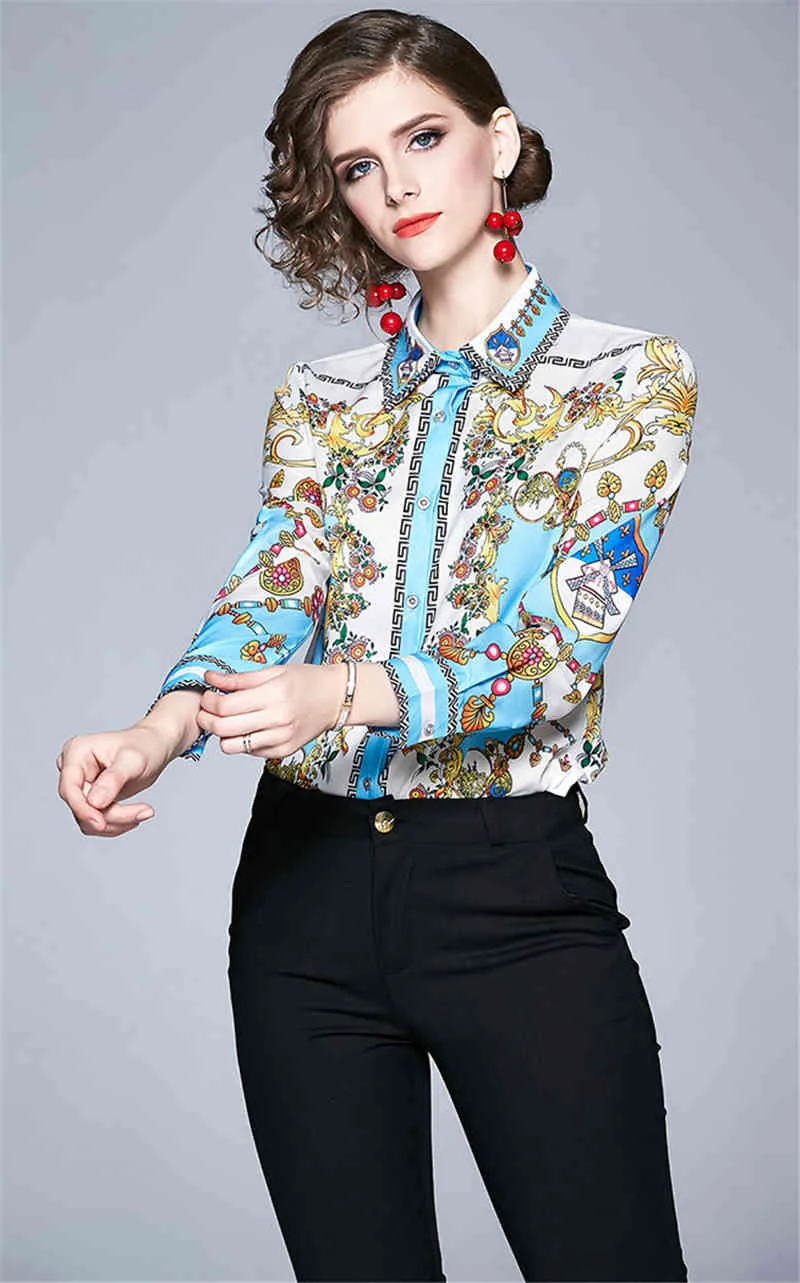 Femmes Slim Blouses Tops D'été Baroque Imprimer Piste À Manches Longues Chemise Dames Col Élégant Vintage Bureau Chemises travail porter 210520