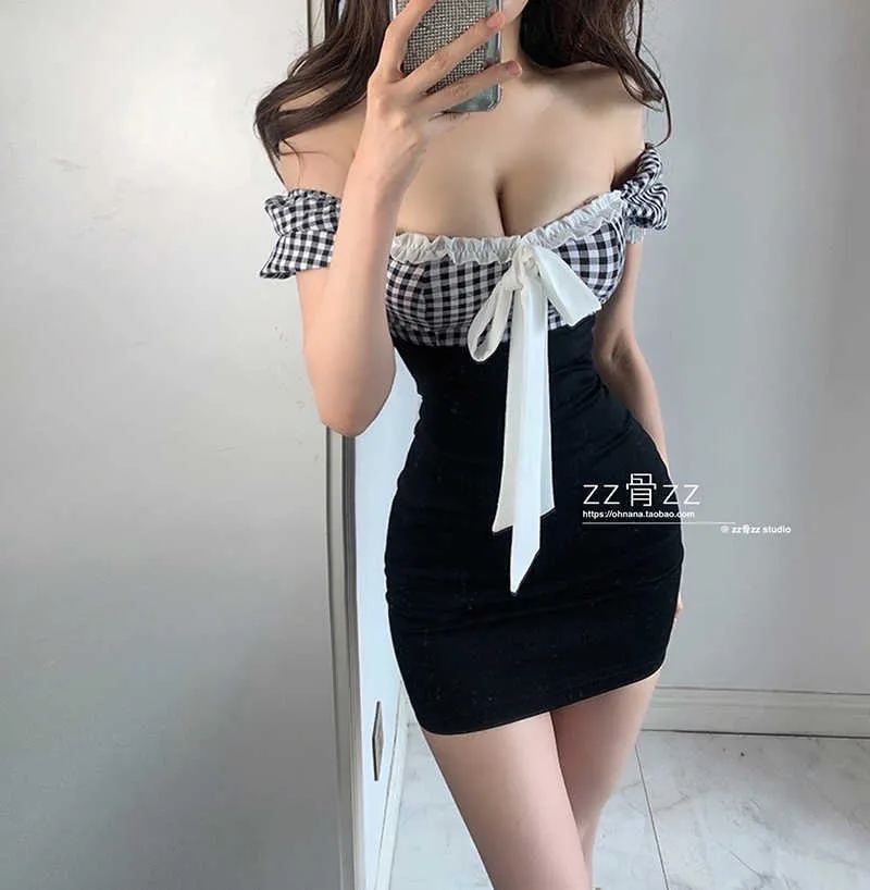 Womengaga Yaz Tops Fransız Kore Kare Yaka Puf Kollu Dantel Girlish Ekose Sahte İki T Gömlek Mini Elbise Elbiseler 88KP 210603