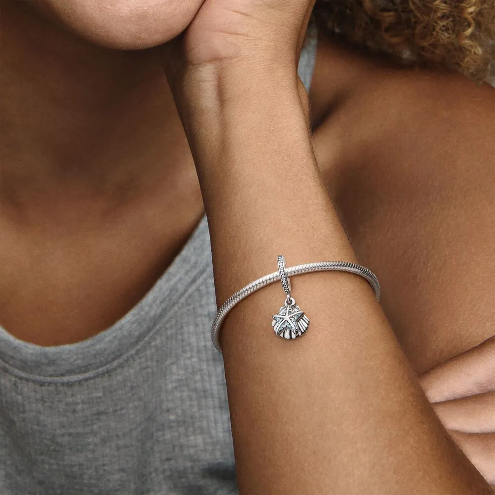 100% 925 Sterling Silver Starfish and Sea Shell Dangle Charms Fit Original European Charm Bracelet Fashion Women Wedding Jewelry237h
