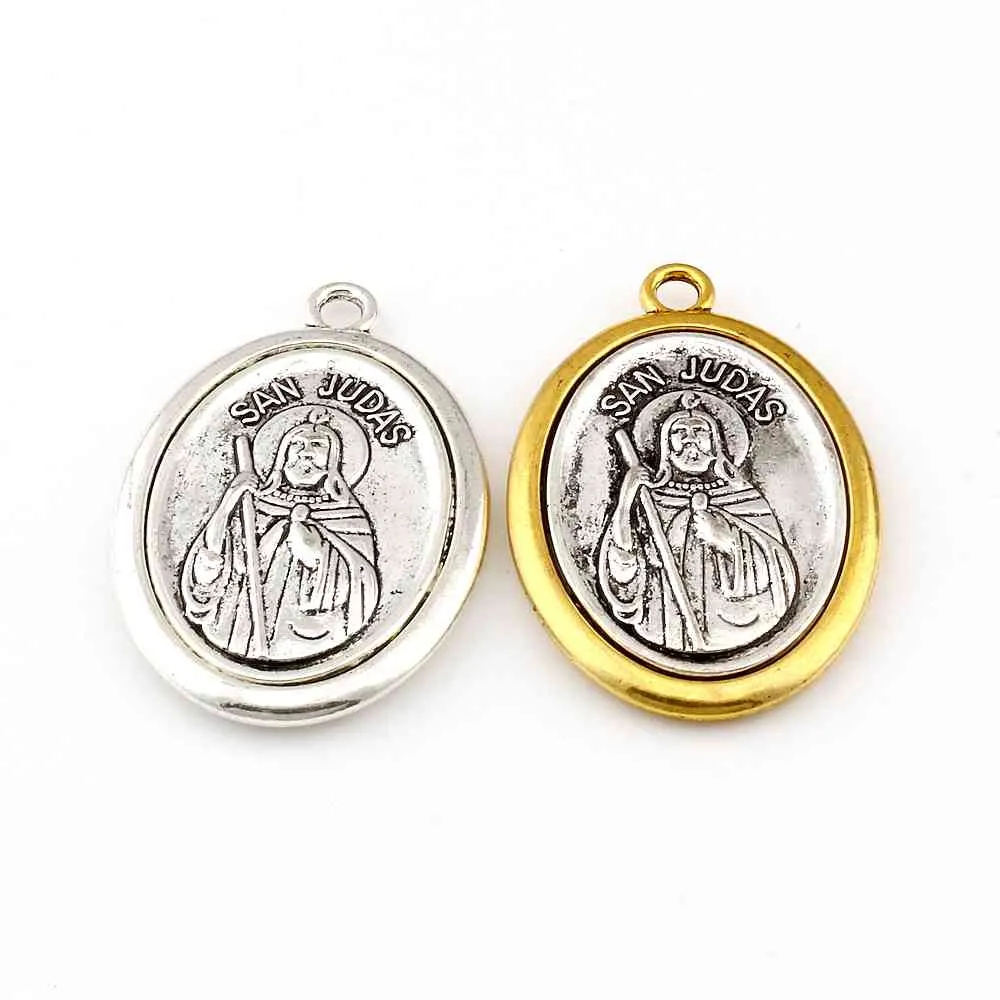 Two-Tone San Judas Tadeo Charm Religion DIY Jewelry Fit Pendants Necklace Christmas Gift A-561
