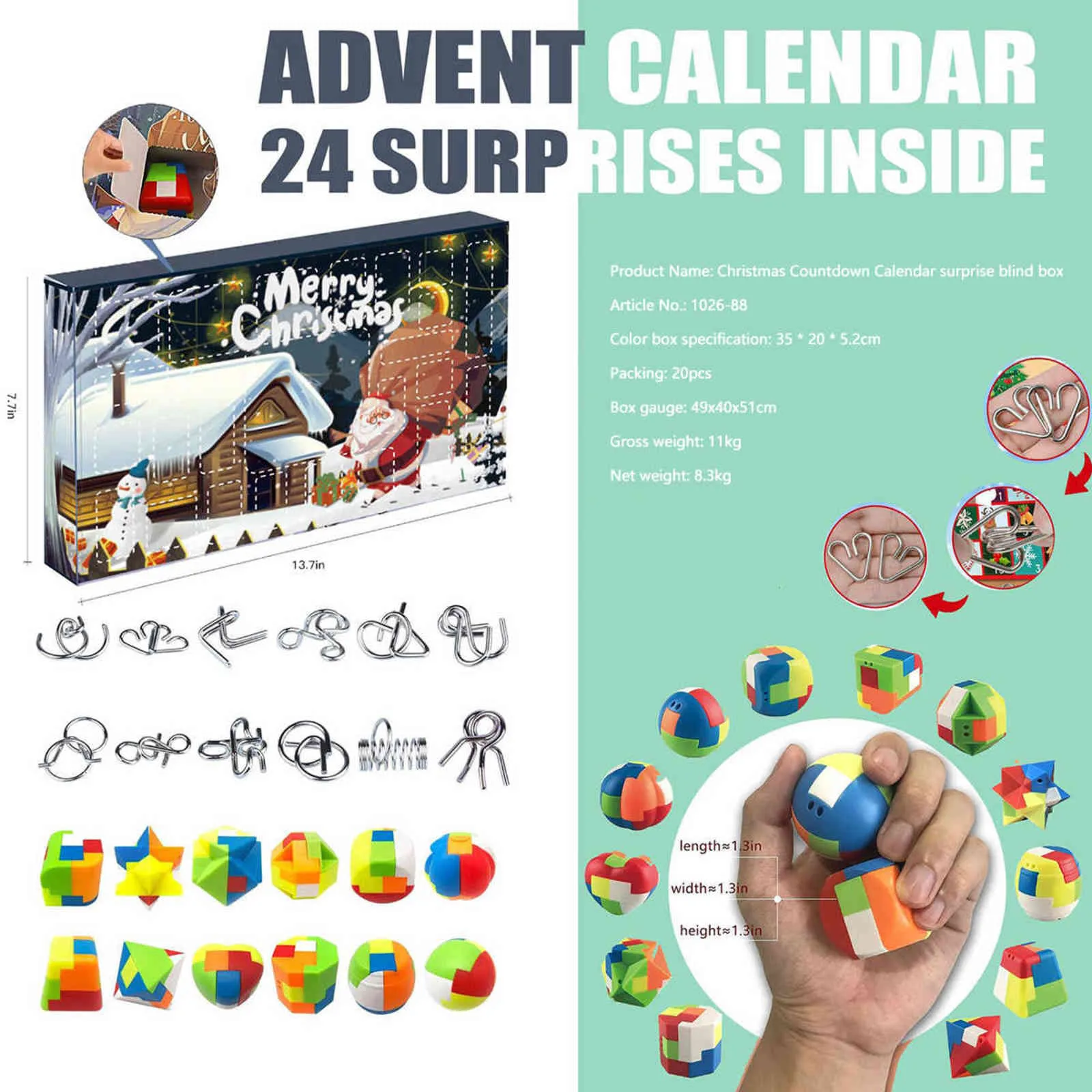 Julupplevningskalendermetalltråd och plastpussel Julräkningskalender med Brain Teaser Toy Årgåva 211104