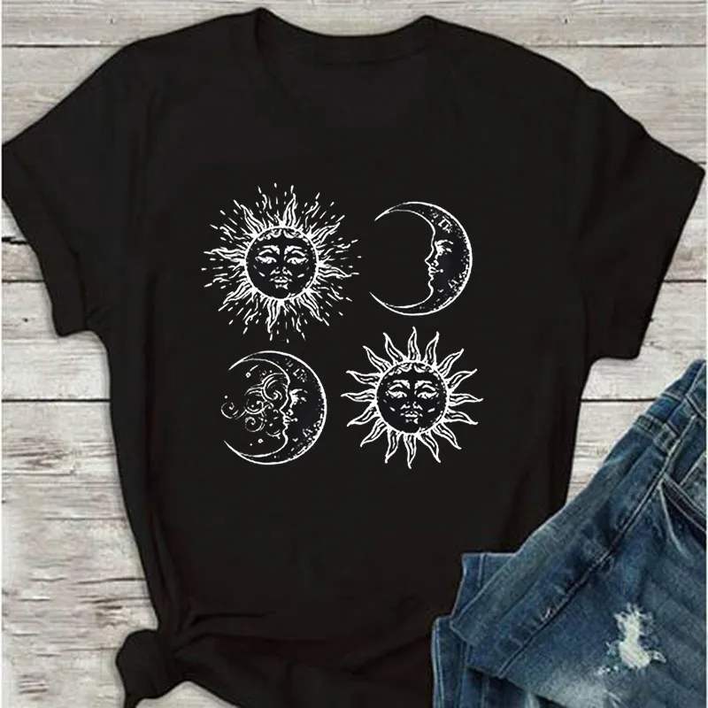 Güneş Ay Çizim Sanat Grafik Tee Vintage Hipster Kawaii Kadınlar Için Rahat Komik T-Shirt Siyah Serin Grunge Gotik Yaz Tops 210518