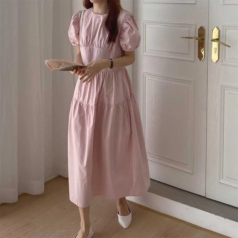 Pink Maxi платье корейские дамы сексуальный с коротким рукавом летом каскал свободно плюс размер платья для женщин 210602