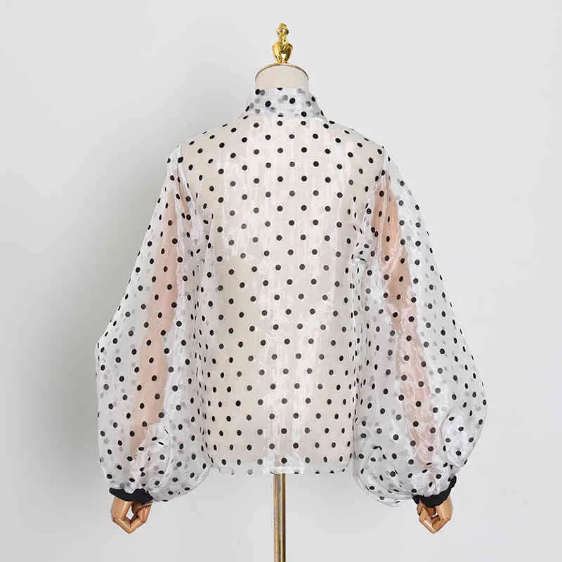 TWOTWINSTYLE Vintage Polka Dot Long Puff Sleeve Womens Tops and Blouses Plus Size Sheer Shirts Summer Clothes Ladies Korean 210326