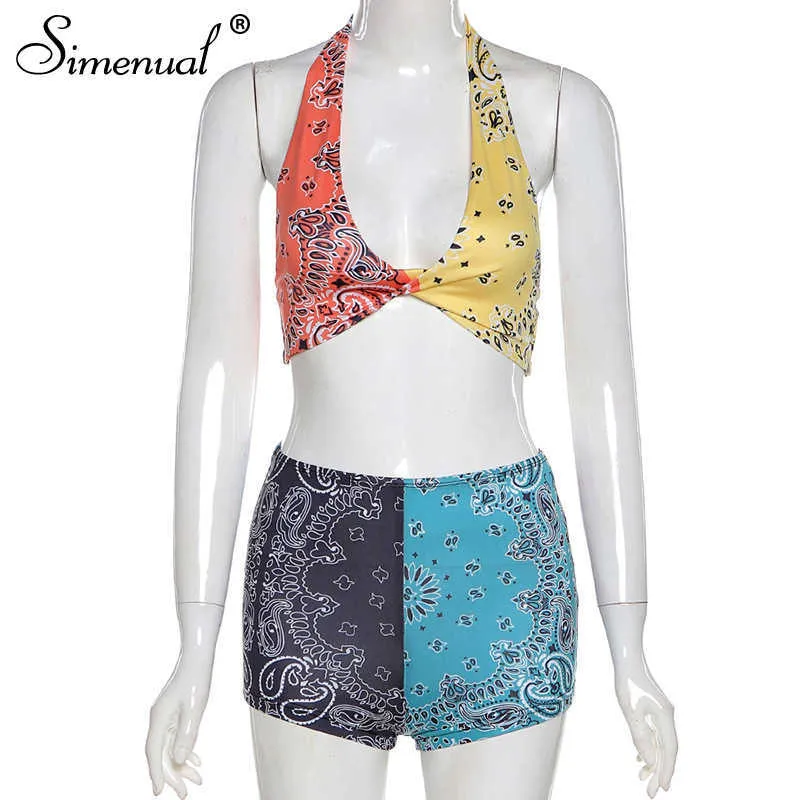 Simenual Color Blocking Bandana Print Top und Shorts 2-teilige Sets für Frauen Backelss Casual Bodycon Outfits Matching Set Sommer Y0702