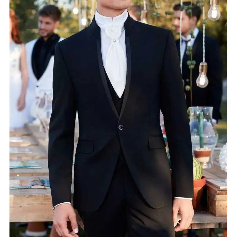 Siyah Slim Fit Erkekler Standı ile Suits Colloar Akşam Yemeği Parti Için 3 Parça Düğün Damat Smokin Erkek Moda Ceket Yelek Pantolon ile X0909