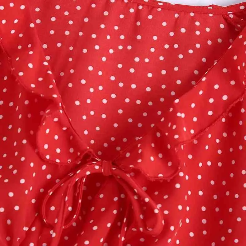 Spring Women Dot Printing V Hals Ruffle Red Short Shirt Kvinna Långärmad Blus Casual Lady Crop Tops Blusas S8671 210430