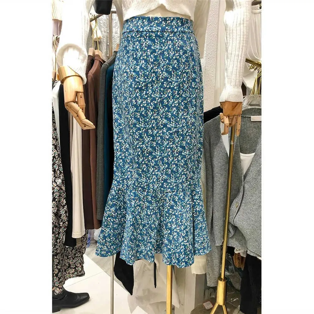 Falda Vintage de pana de sirena de cintura alta para mujer, falda elegante con estampado de flores a la cadera, falda larga acampanada Floral coreana, ropa de calle 210619
