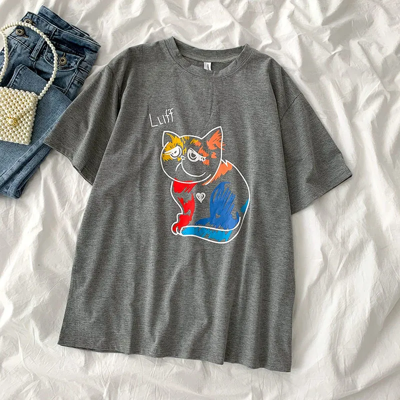 Kimutomo Cute Cartoon Printing T-shirt Women Summer Korean Fashion Clothing Female O-neck Short Sleeve Chic Tops Casual 210521