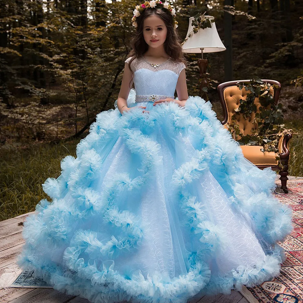 Chic / Beautiful White Floral Prom Flower Girl Dresses 2022 Ball Gown Scoop  Neck Pearl Rhinestone Puffy Short Sleeve Backless Court Train Flower Girl  Dresses