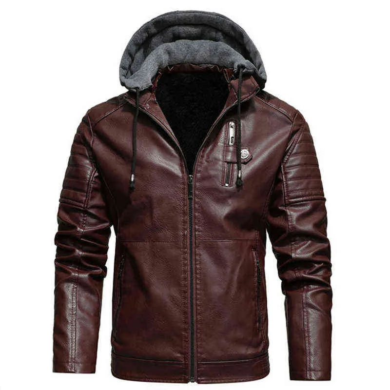 Men's Fleece Liner PU Leather Jackets Coats with Hood Autumn Winter Casual Motorcycle Jacket For Men Windbreaker Biker Jackets 211119