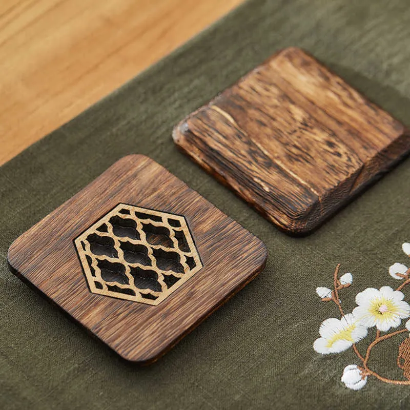 Ensemble de 4 pièces sous-verres en bois tapis de bureau carré et rond résistant à la chaleur coussinets de tasse sculptés de haute qualité porte-gobelet à thé tapis de bol 210706