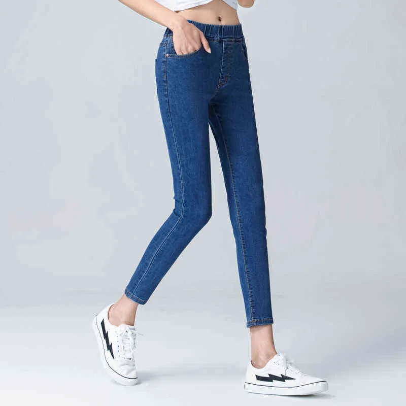 Kvinnors elastiska höga midja skinny jeans plus storlek 5xl 6xl mode kvinnor svart blå ficka mamma jeans skinny stretch denim byxor 211111