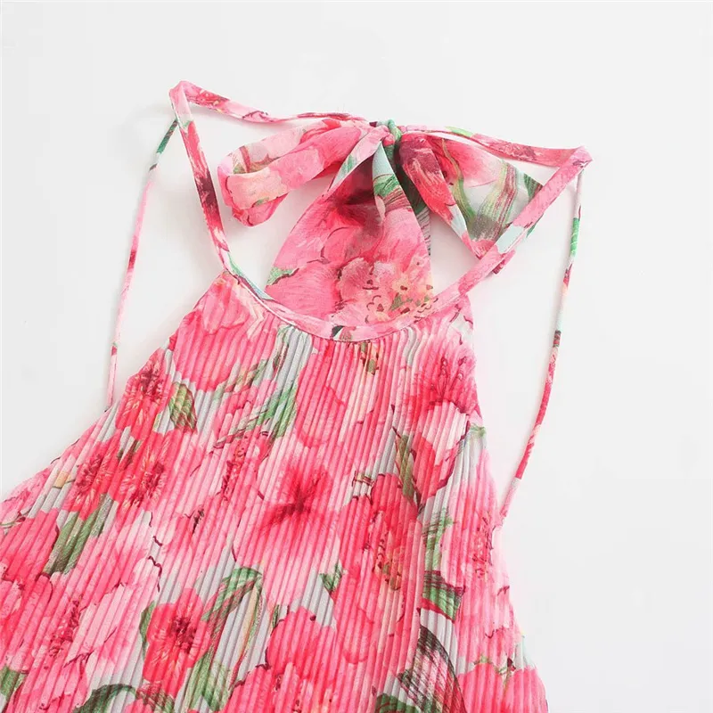 Sweet Woman Pink Flower Halter Abito lungo Summer Casual Ladies Backless Beach Abiti Donna Chic Print Tank 210515