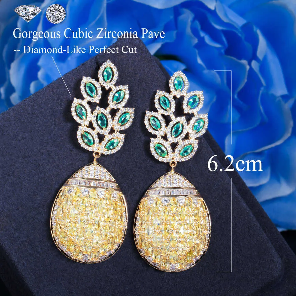 Super Luxury Yellow Green Cubic Zircon Long Leaf Drop Big Statement Earrings for Women Engagement Wedding Party CZ894 210714