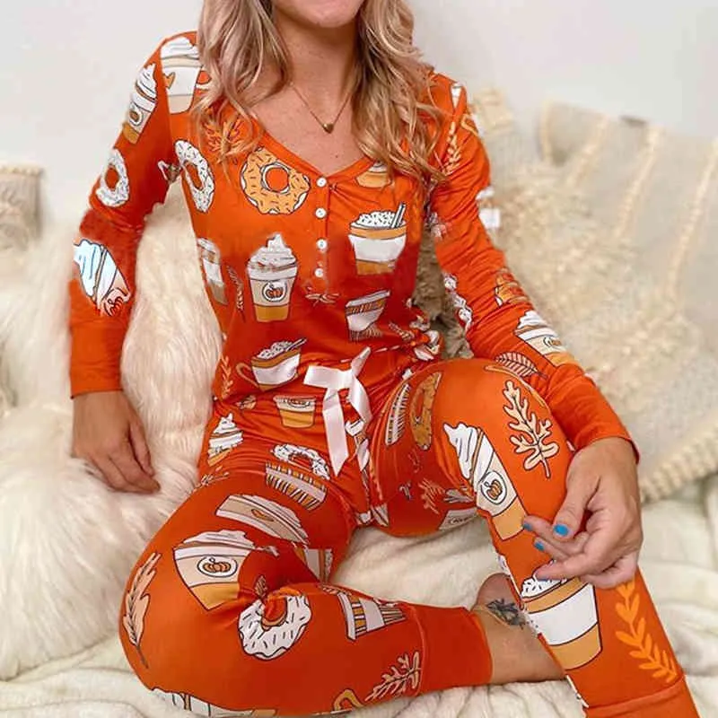 OMSJ Casual Long Sleeve Button Halloween Pajamas Party Lady Rompers Autumn Winter Print Women Homewear Jumpsuit Orange 210517