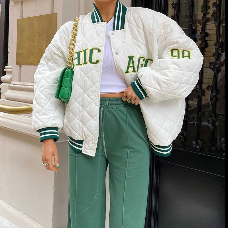 Y2k Green Print Mode Baseball Bomber Mantel Herbst Winter übergroße Patchwork Jacke Varsity Frauen Casual weiß 211014