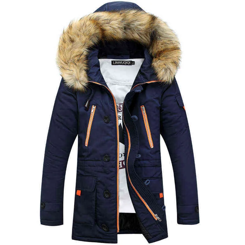 Mäns Klädsel Vinter Jackor Faux Fur Collar Long Parkas Men Outwear Hooded Windbreaker Coats Male Outdoor Snow Jacket Kläder 211206