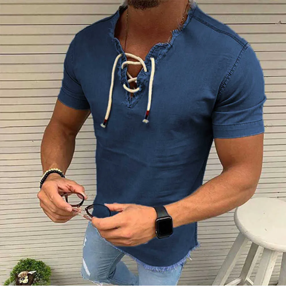 Gedrukte gewassen heren denim shirts v-hals uitgehold lace-up casual korte mouw vintage herfst mode sexy mannen tops 210721