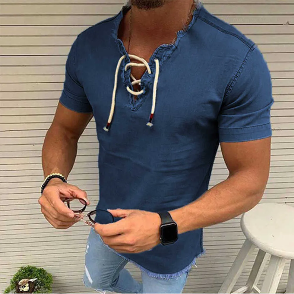Printed Washed Men's Denim Shirts V Neck Hollow Out Lace Up Casual Short Sleeve Vintage Autumn Fashion Sexy Men Tops 210721