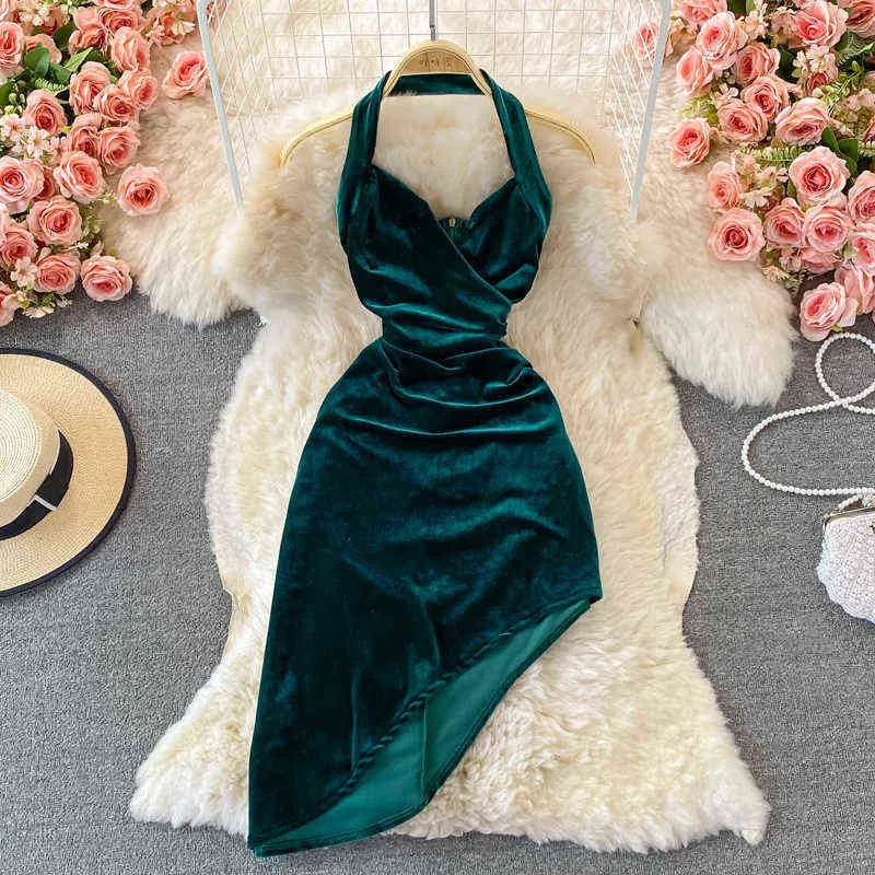 Sexy Halter Backless Irregular Dress Women Autumn Solid Sleeveless High Waist Club Party Vestidos Streetwear Mini Velvet Dress Y1204