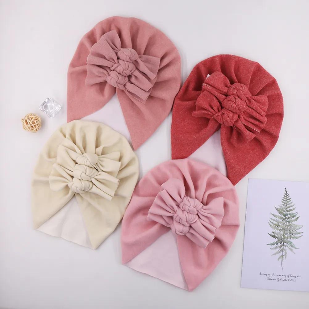 Solid Faux Cashmere Turban Hats Handmade Folded Knotted Caps Soft Warm Beanies Photography Props Infant Autumn Winter Headwraps