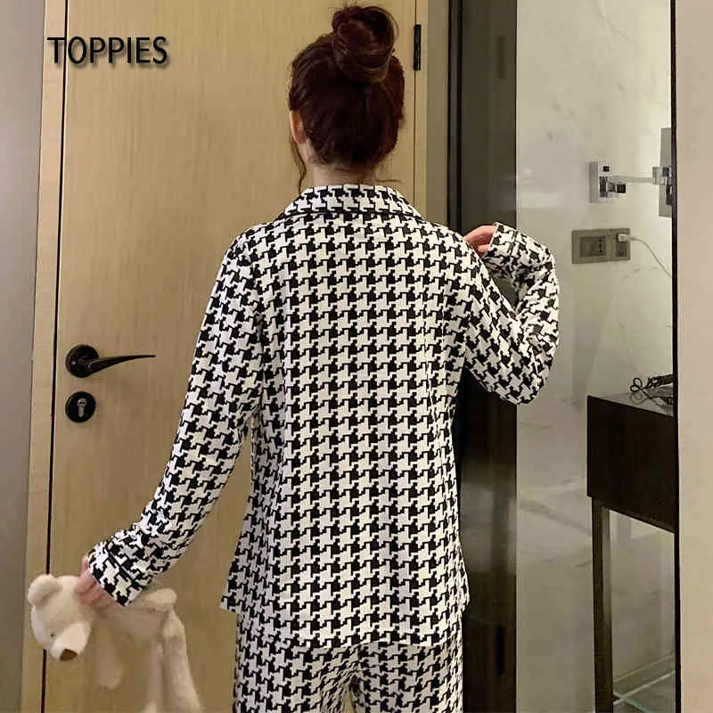 Pyjamas de printemps pour femmes pied de poule impression vêtements de nuit femme décontracté deux pièces ensemble hauts et pantalons de nuit 210421