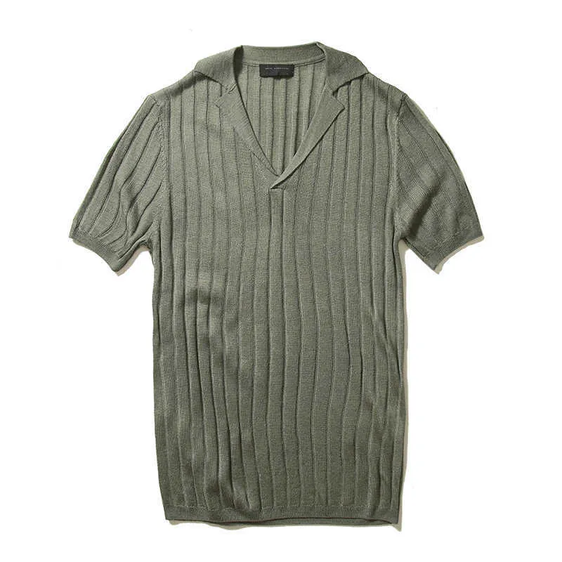 Maglione manica corta da uomo t-shirt elasticizzata estiva con design verticale con scollo a V e risvolto piccolo j6031 Y0907