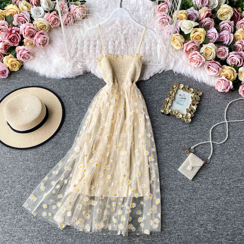 Women Daisy Print Dresses Summer Sexy Lace Mesh Dresses Spaghetti Strap Ruched Floral Korean Style Dress Purple X0521