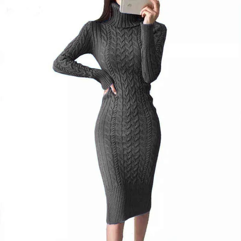 2021 Vinter förtjockad Turtleneck Tröja Maxi Klänningar Kvinnor Bodycon Stickad Solid Färg Plus Storlek Klänning Kvinna Knitwear Vestidos G1214