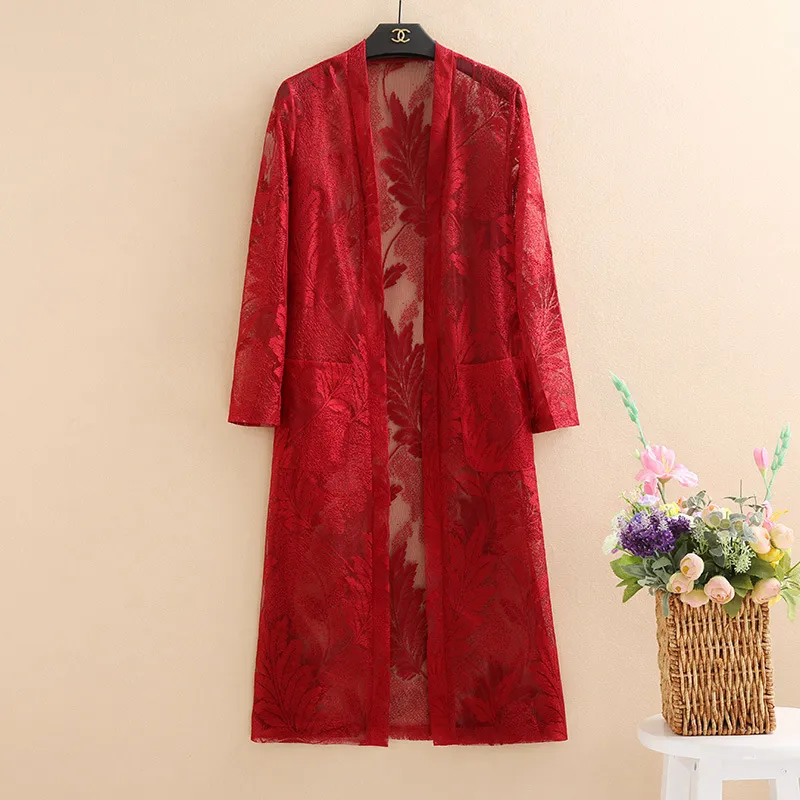 Women Medium Long Jacket Summer Plus Size Thin Cardigan Casual Ladies 3/4 Sleeve Hollowed Out Lace Coats Fashion Outerwear 210525